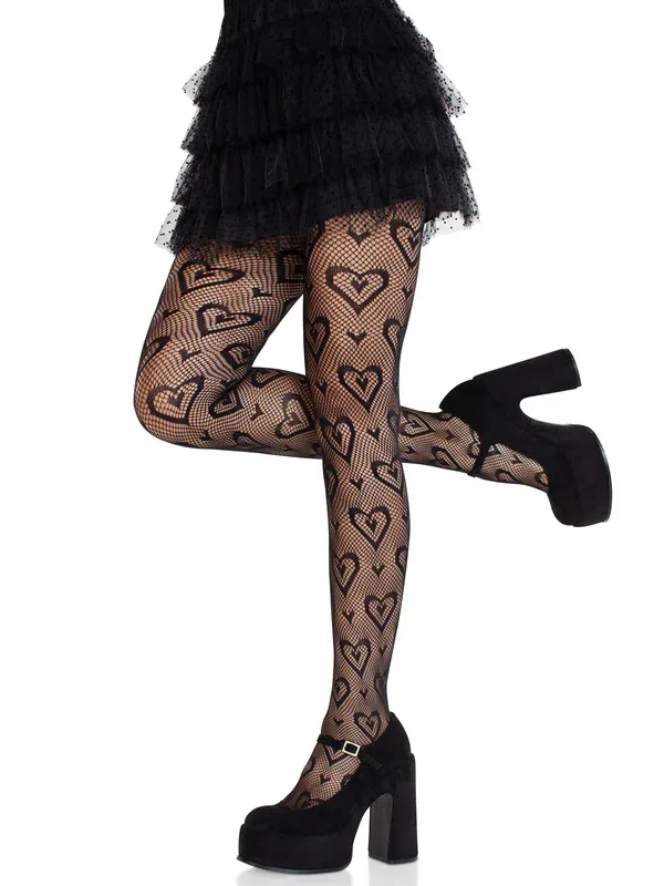 Cherie Heart Net Tights O/s - Black Hosiery & Garters Leg Avenue