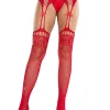 Red Rhinestone Lace Top Fishnet Stockings With - Gartner Belt - Os Hosiery & Garters Leg Avenue
