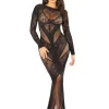 Black Lace and Net Body Con Gown - With Heart Keyhole Detail - Os Lingerie Leg Avenue