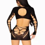 Seamless Cut Out Long Sleeve Mini Dress With Faux Lace Up Detail - One Size - Black Lingerie Leg Avenue