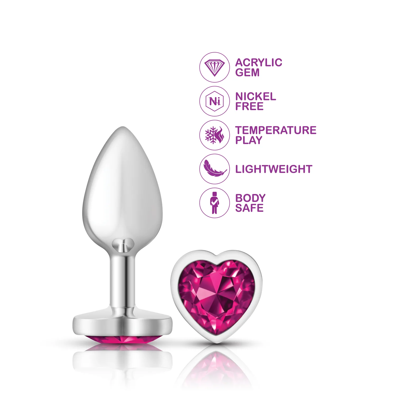 Bright Pink Heart Gem Silver Metal Plug - Sm Anal Play Viben