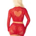 Red 2pc Rhinestone Lace and Net Crop Top with - Heart Keyhole Mini Skirt - Os Dancewear Leg Avenue
