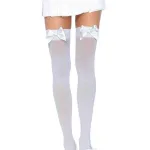 Opaque Thigh Highs With Satin Bow Accent - One Size - White Hosiery & Garters Leg Avenue