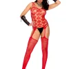 Heart Net Suspender Bodystocking - One Size - Red Teddies & Bodysuits Elegant Moments