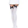 Nylon Thigh Highs With Bow - One Size - White / Black Hosiery & Garters Leg Avenue