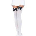 Nylon Thigh Highs With Bow - One Size - White / Black Hosiery & Garters Leg Avenue