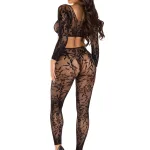 2 Pc Lace Crop Top and Footless Tights - One Size - Black Lingerie Leg Avenue