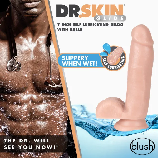 Dr. Skin Glide - 7 Inch Self Lubricating Dildo With Balls - Vanilla Dildos Blush