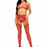 3 Pc Rhinestone Bra Top, G-String, and Garter Belt Stockings - One Size - Red Hosiery & Garters Leg Avenue