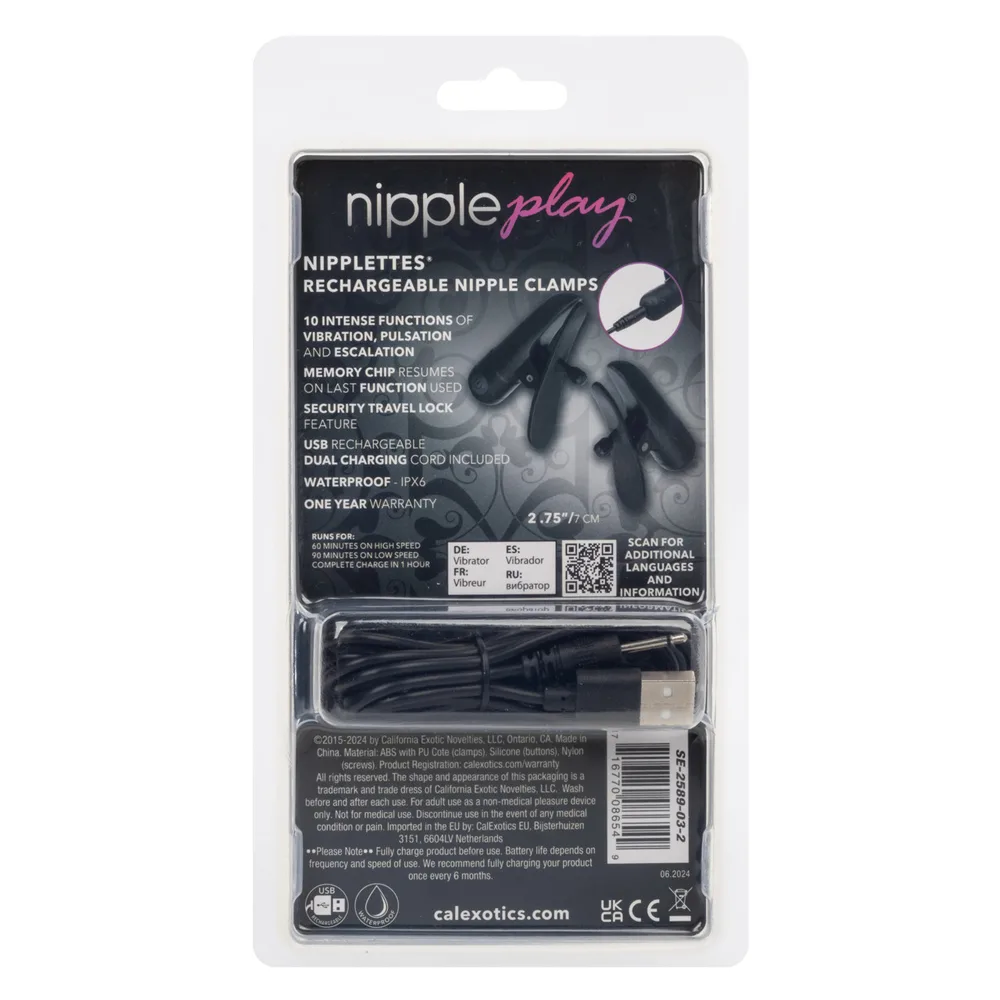 Nipple Play Nipplettes Vibrating Nipple Clamps Black Rechargeable BDSM & Kink CalExotics