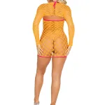 2 Pc Eyelet Net Mini Dress With Tie- Front Keyhole and Shrug O/s - Neon Orange Lingerie Leg Avenue