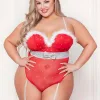 Rhinestone Studded Mesh Teddy With Marabou Trim - 3x/4x - Red Teddies & Bodysuits Seven Til Midnight