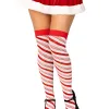 Candy Cane Lurex Striped Socks - Over the Knee - Os - White/red Lingerie Leg Avenue