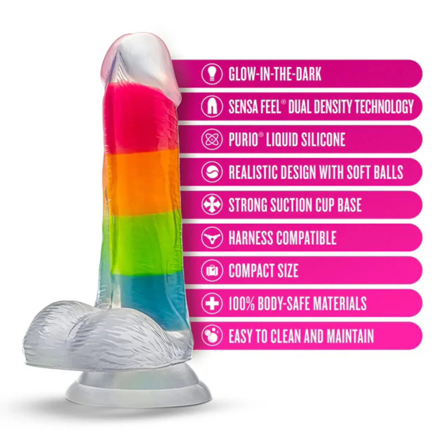 Neo Elite Glow in the Dark Rainbow Rave 6.5" Silicone Dual Density Dildo Multicolored Festival & Rave Blush