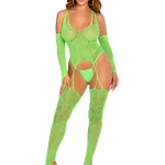 2 Pc Lace Halter Footless Cami Garter With Attached Toe Loop Stockings O/s - Neon Green Hosiery & Garters Leg Avenue