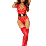 Elegant Moments - Chevron striped crochet deep V teddy and matching stockings - Red - One Size