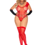 Elegant Moments - Chevron striped crochet deep V teddy and matching stockings - Red - Queen Size