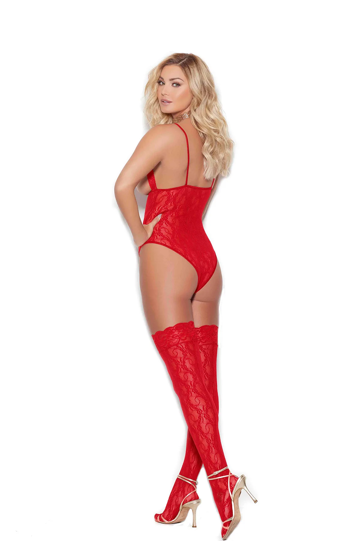 Elegant Moments - Cupless lace teddy and matching thigh highs - Red - One Size - Image 2