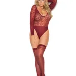 Elegant Moments - Sheer burnout long sleeve teddy and matching stockings - Burgundy - Queen Size