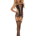 Elegant Moments - Seamless diamond net camisette, g-string and stockings - Black - One Size