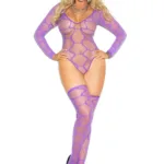Elegant Moments - Sheer long sleeve hexagon pattern teddy and matching stockings - Purple - Queen Size