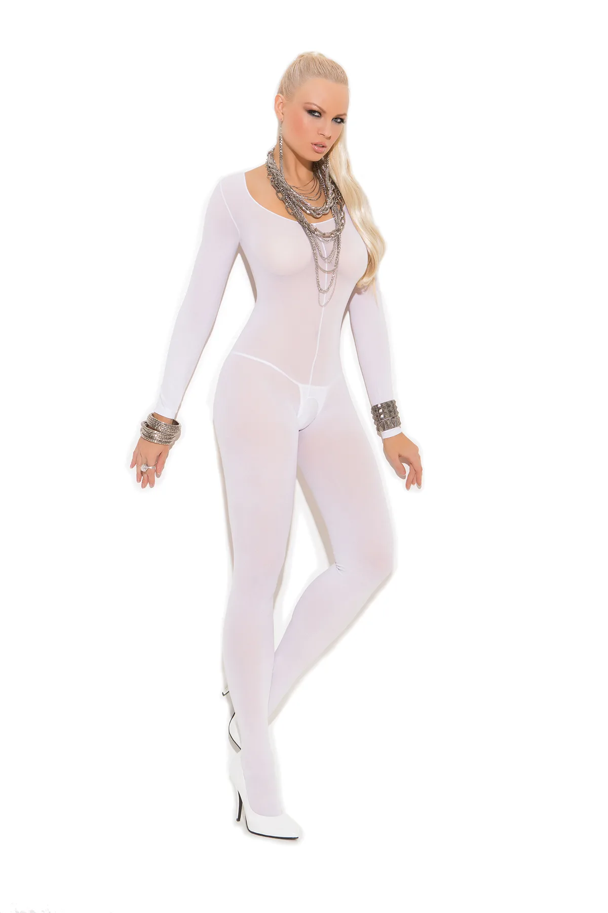 Elegant Moments - Opaque long sleeve bodystocking - White - One Size