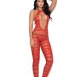 Elegant Moments - Opaque and diamond net striped bodystocking - Red - One Size