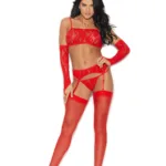 Elegant Moments - Lace bralette, g-string, garter belt and matching fingerless gloves - Red - One Size
