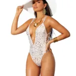 Elegant Moments - Deep V monokini - White Foil Print - One Size