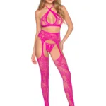 3 Pc Lace Open Cup Cross-Over Bra Top, Crotchless Panty, and Garter Belt Stockings - Os - Magenta