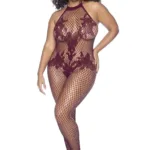 1116X Halter And Crotchless Floral Bodystocking Color Cherry Size Only Size