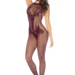 1116 Halter And Crotchless Floral Bodystocking Color Cherry Size Only Size