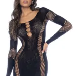 1117 Long Sleeve Floral Fishnet Dress Color Black Size Only Size