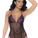 1121 Fishnet and Lace Bodysuit Set Color Black-Purple Size Only Size