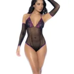 1121 Fishnet and Lace Bodysuit Set Color Black-Purple Size Only Size - Image 4