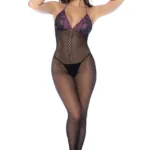 1122 Fishnet and Lace Bodystocking Set Color Black-Purple Size Only Size