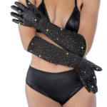 135 Satin Rhinestone Opera Gloves Color Black-Rhinestone Size Only Size