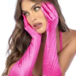 135 Satin Rhinestone Opera Gloves Color Pink-Rhinestone Size Only Size