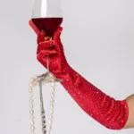 135 Satin Rhinestone Opera Gloves Color Red-Rhinestone Size Only Size - Image 3