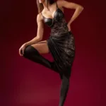 7616 Long Gown with matching Panty Garter Belt Color Black Size L/XL